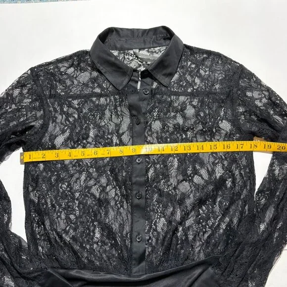 Anthropologie Black Lace Button Front Bodysuit Satin Trim Long Sleeve S - Picture 3 of 7